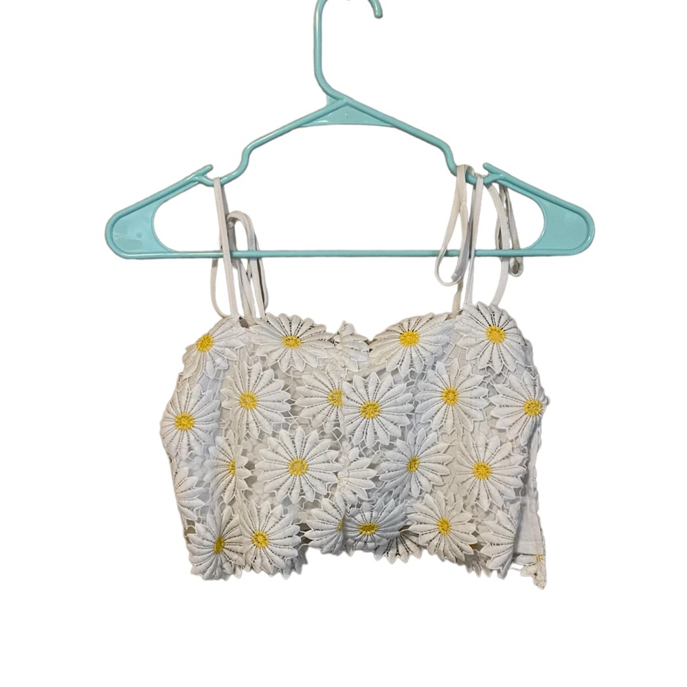 white and yellow flower crop top